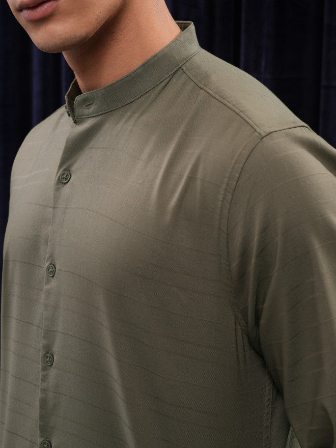 Highlander Men Olive Striped Regular Fit Casual Shirt - Olive - Image 5