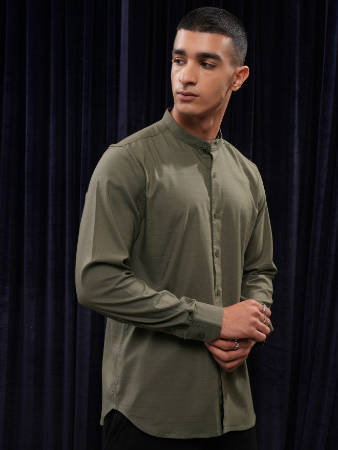 Highlander Men Olive Striped Regular Fit Casual Shirt - Olive - Image 6