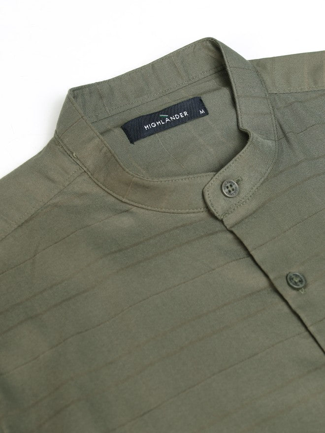 Highlander Men Olive Striped Regular Fit Casual Shirt - Olive - Image 8