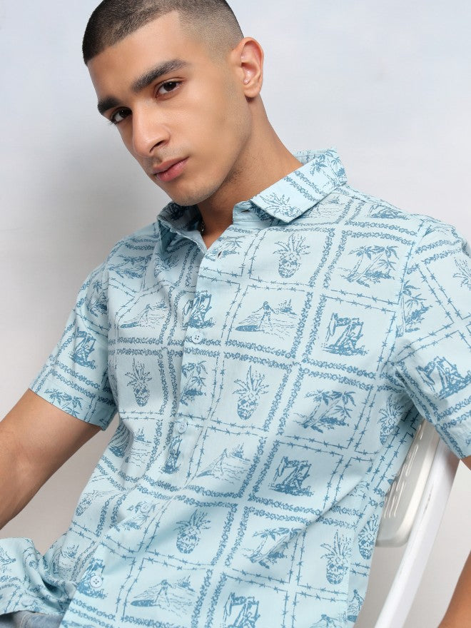 Highlander Men Blue Printed Regular Fit Casual Shirt - Blue - Image 1