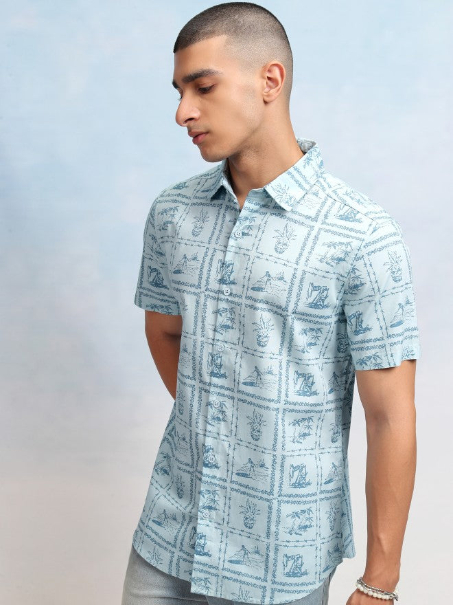Highlander Men Blue Printed Regular Fit Casual Shirt - Blue - Image 4