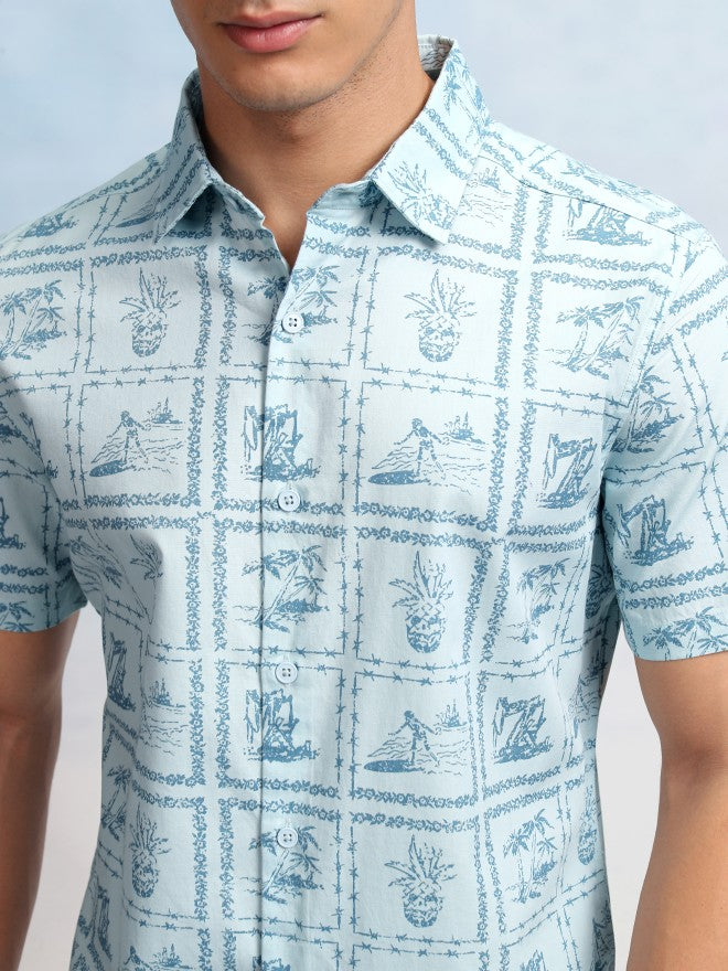 Highlander Men Blue Printed Regular Fit Casual Shirt - Blue - Image 5