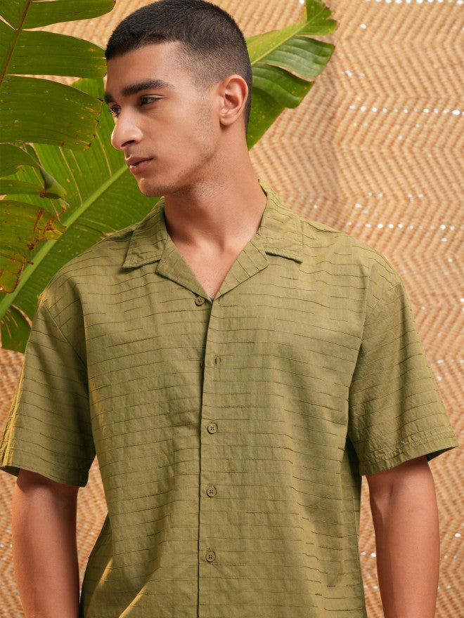 Highlander Men Green Textured Relaxed Fit Casual Shirt - Green - Image 1