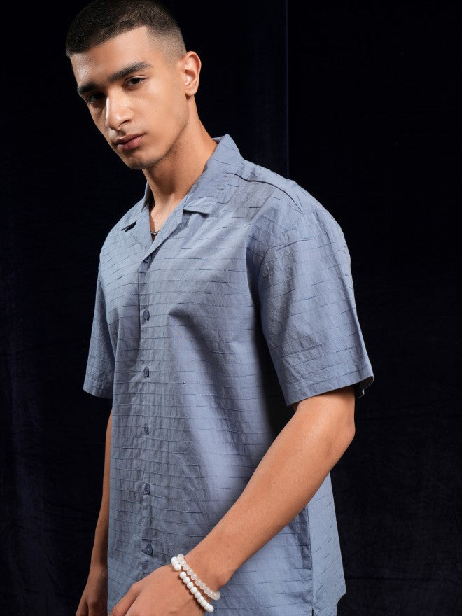 Highlander Men Blue Textured Relaxed Fit Casual Shirt - Blue - Image 4