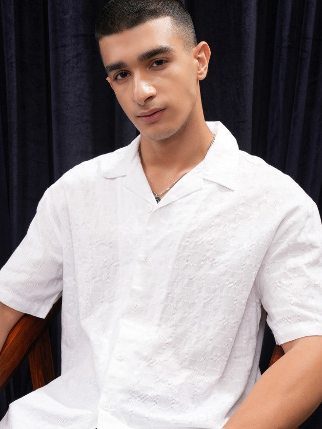 Highlander Men White Self Design Relaxed Fit Casual Shirt - White - Image 1
