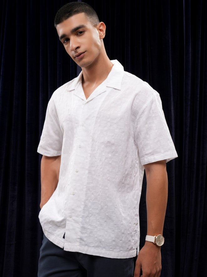 Highlander Men White Self Design Relaxed Fit Casual Shirt - White - Image 4