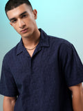 Highlander Men Navy Blue Self Design Relaxed Fit Casual Shirt - Navy Blue - Image 1
