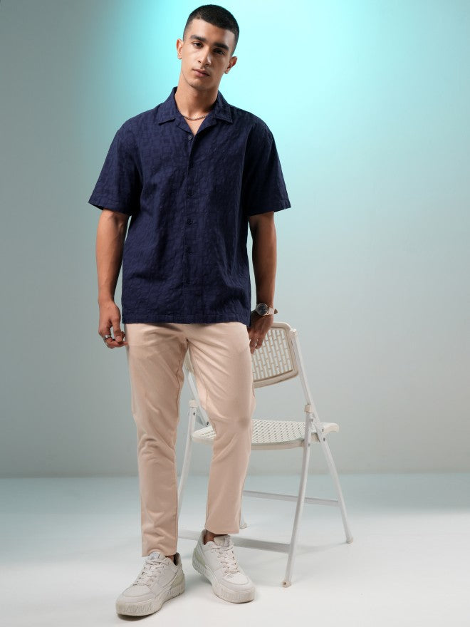 Highlander Men Navy Blue Self Design Relaxed Fit Casual Shirt - Navy Blue - Image 2