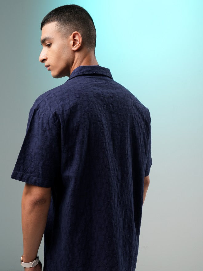Highlander Men Navy Blue Self Design Relaxed Fit Casual Shirt - Navy Blue - Image 3