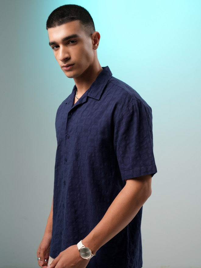 Highlander Men Navy Blue Self Design Relaxed Fit Casual Shirt - Navy Blue - Image 4