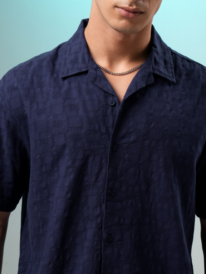 Highlander Men Navy Blue Self Design Relaxed Fit Casual Shirt - Navy Blue - Image 5