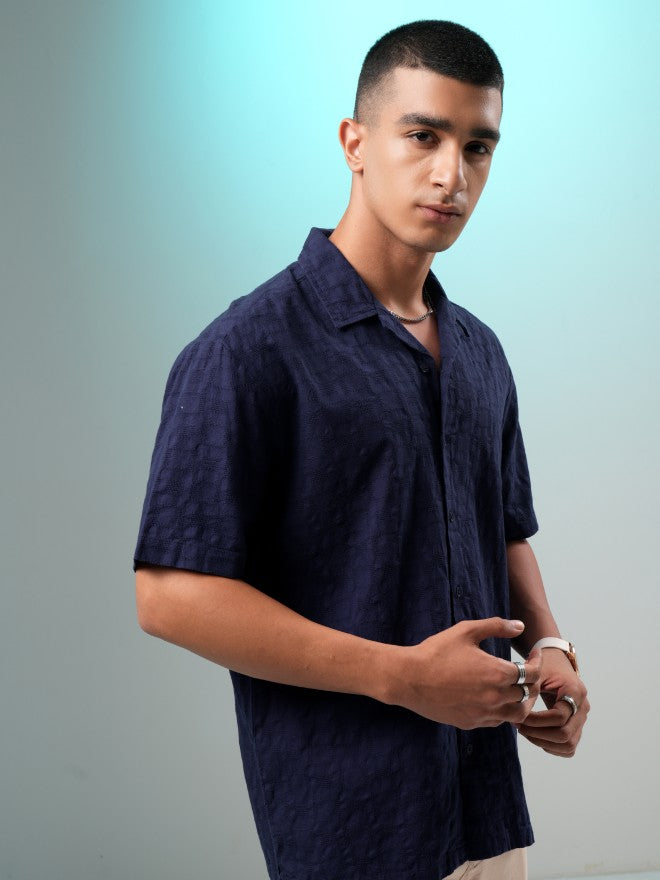 Highlander Men Navy Blue Self Design Relaxed Fit Casual Shirt - Navy Blue - Image 6