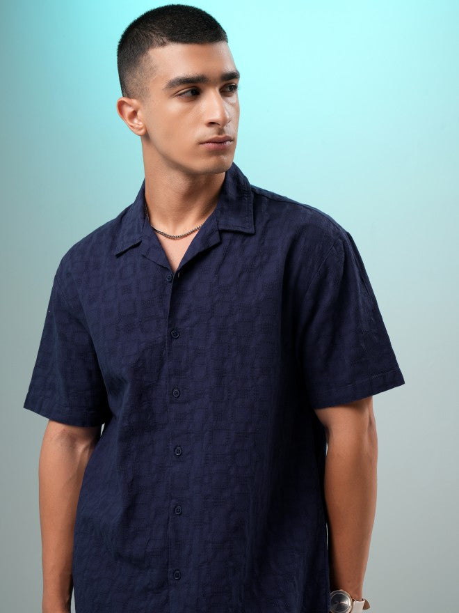 Highlander Men Navy Blue Self Design Relaxed Fit Casual Shirt - Navy Blue - Image 7