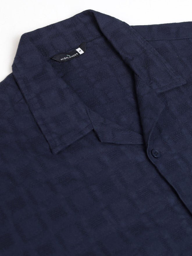 Highlander Men Navy Blue Self Design Relaxed Fit Casual Shirt - Navy Blue - Image 8