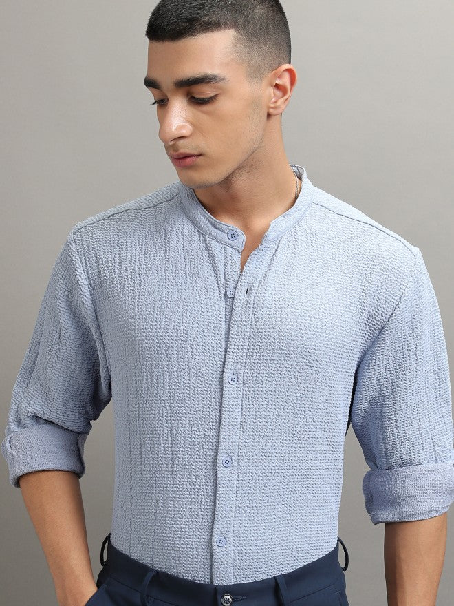 Highlander Men Blue Textured Regular Fit Casual Shirt - Blue - Image 1
