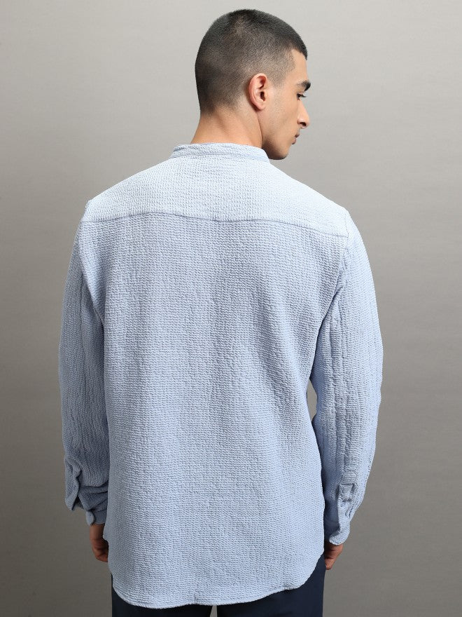 Highlander Men Blue Textured Regular Fit Casual Shirt - Blue - Image 3