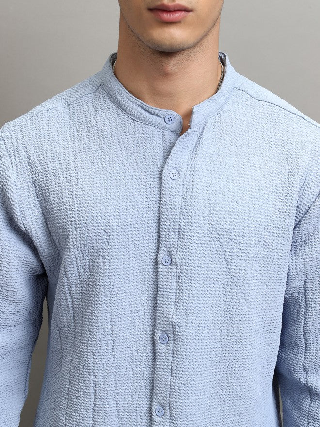Highlander Men Blue Textured Regular Fit Casual Shirt - Blue - Image 5
