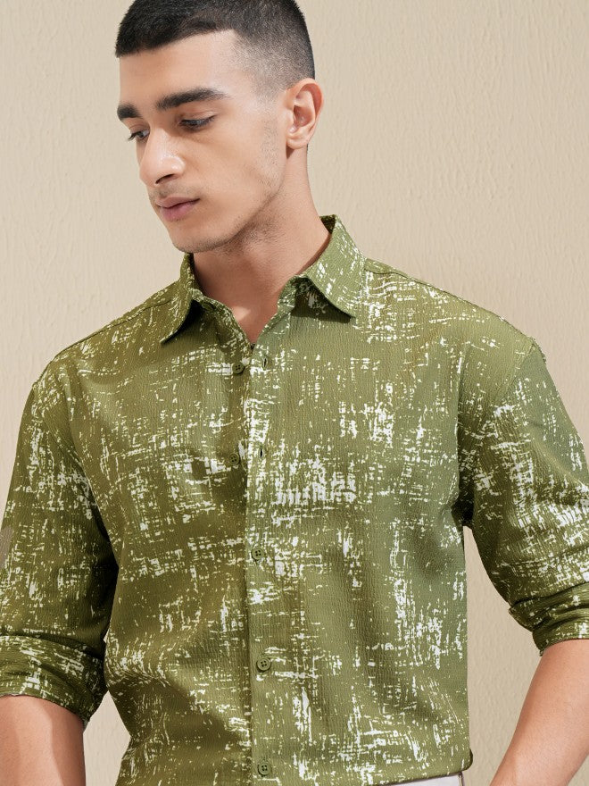 Highlander Men Olive Printed Relaxed Fit Casual Shirt - Olive - Image 1