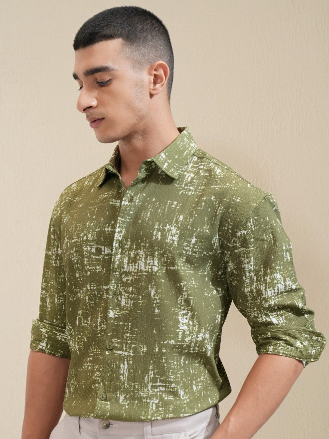 Highlander Men Olive Printed Relaxed Fit Casual Shirt - Olive - Image 4