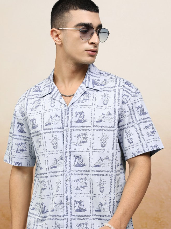 Highlander Men Blue Printed Relaxed Fit Casual Shirt - Blue - Image 1