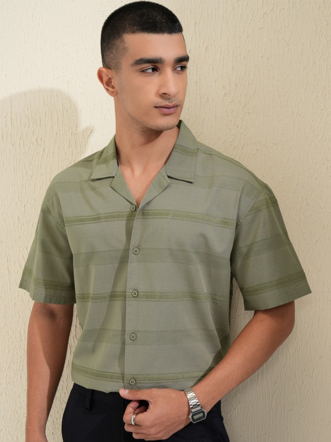 Highlander Men Olive Striped Relaxed Fit Casual Shirt - Olive - Image 1