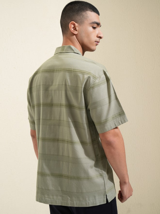 Highlander Men Olive Striped Relaxed Fit Casual Shirt - Olive - Image 3