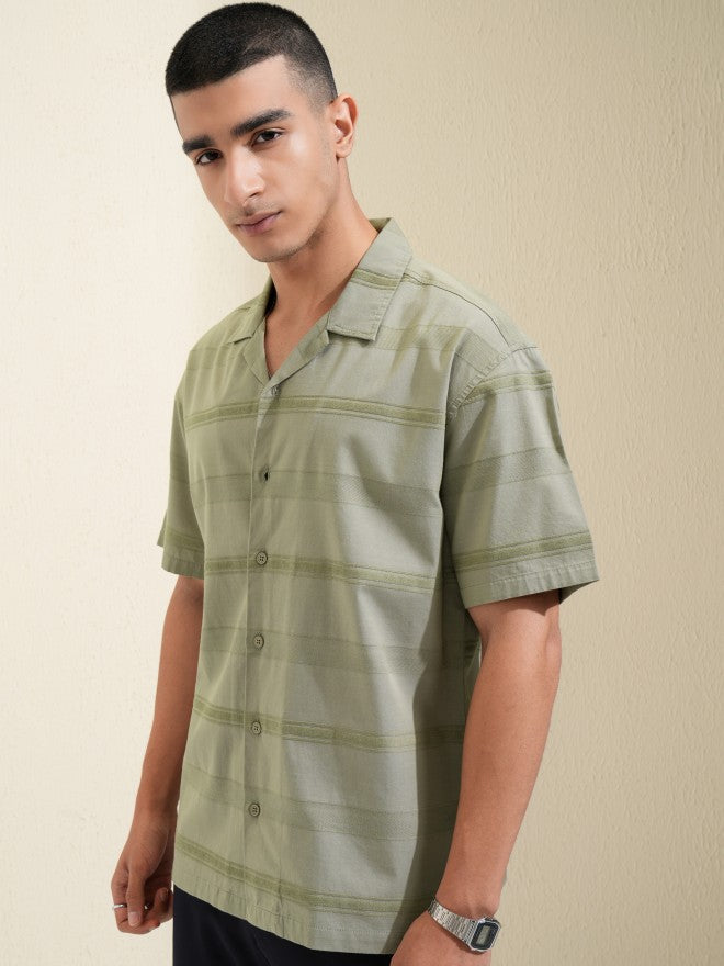 Highlander Men Olive Striped Relaxed Fit Casual Shirt - Olive - Image 4