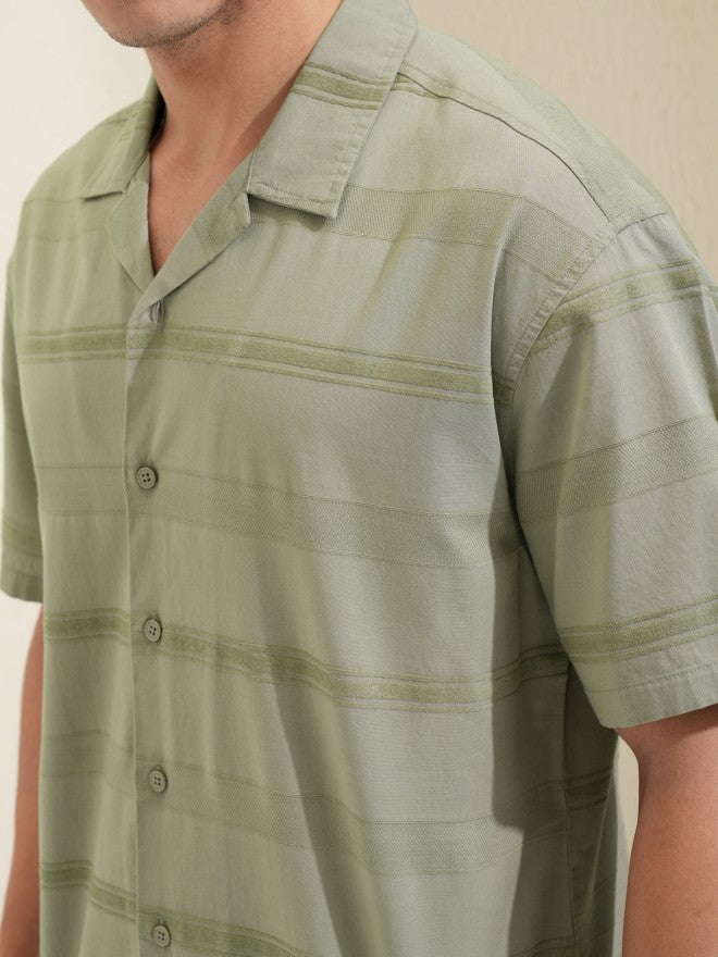 Highlander Men Olive Striped Relaxed Fit Casual Shirt - Olive - Image 5