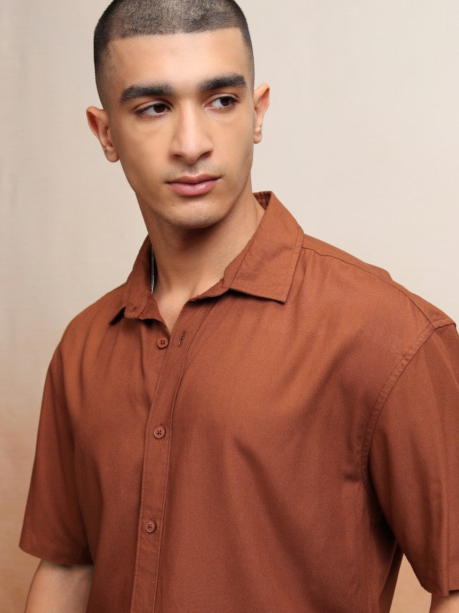 Highlander Men Terracotta Textured Relaxed Fit Casual Shirt - Terracotta - Image 1