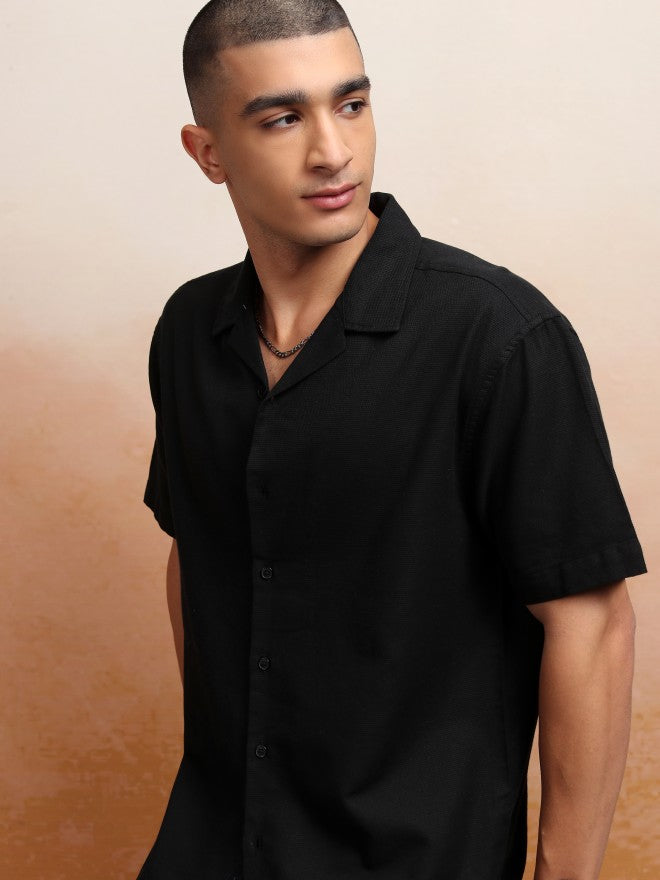 Highlander Men Black Textured Relaxed Fit Casual Shirt - Black - Image 1