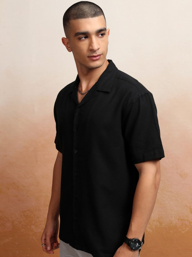 Highlander Men Black Textured Relaxed Fit Casual Shirt - Black - Image 4