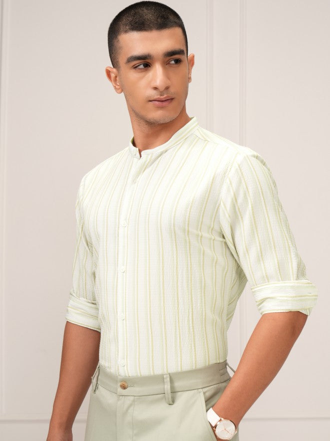 Highlander Men Cream Striped Regular Fit Casual Shirt - Cream - Image 1