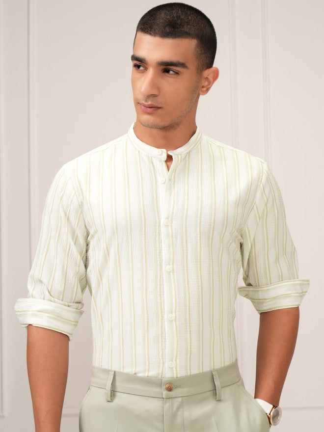 Highlander Men Cream Striped Regular Fit Casual Shirt - Cream - Image 4