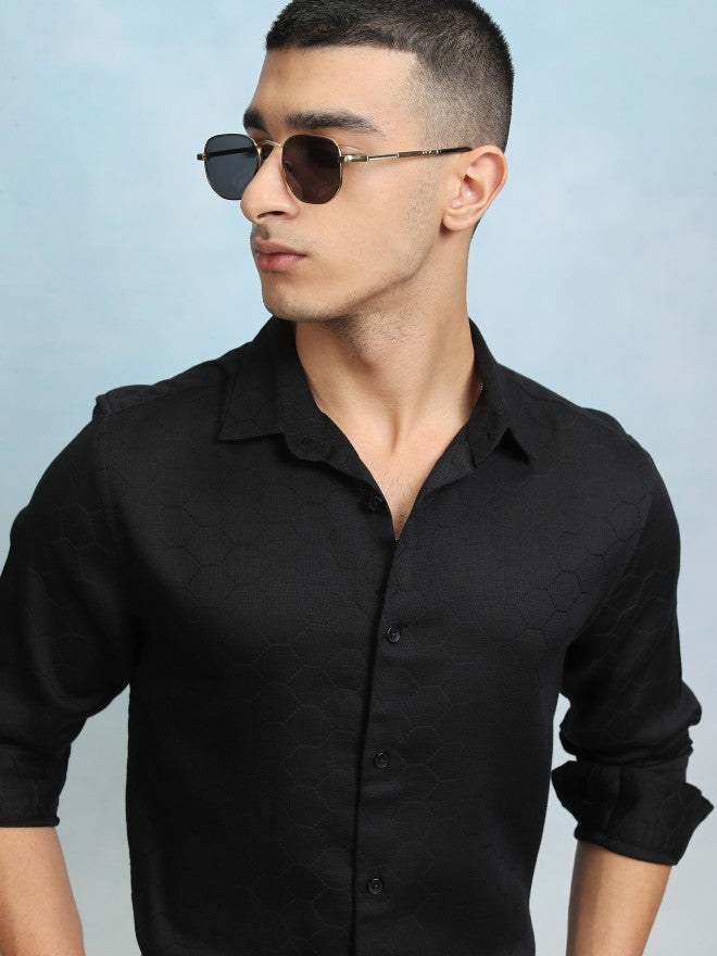 Highlader Men Black Textured Slim Fit Casual Shirt - Black - Image 1