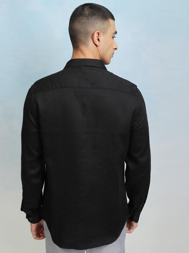 Highlader Men Black Textured Slim Fit Casual Shirt - Black - Image 3