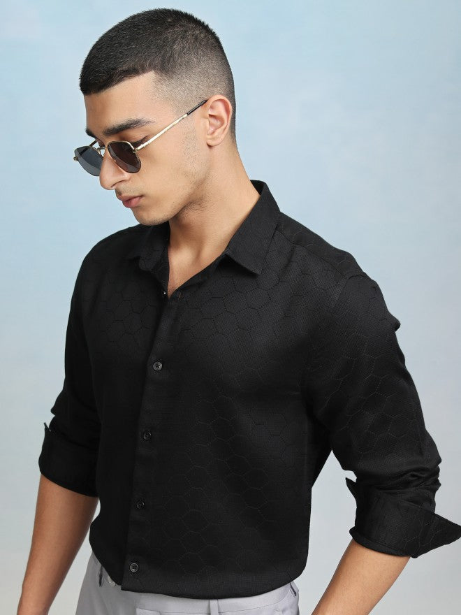 Highlader Men Black Textured Slim Fit Casual Shirt - Black - Image 4