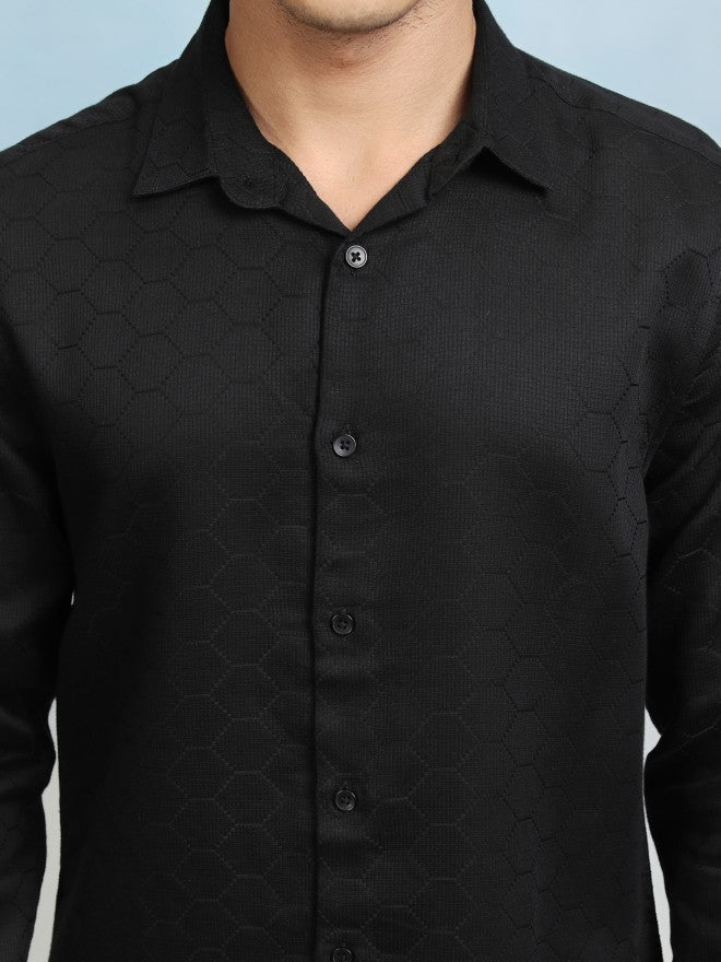 Highlader Men Black Textured Slim Fit Casual Shirt - Black - Image 5