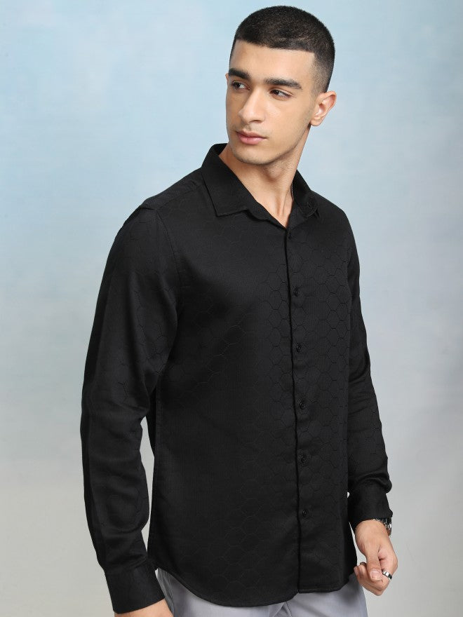 Highlader Men Black Textured Slim Fit Casual Shirt - Black - Image 6