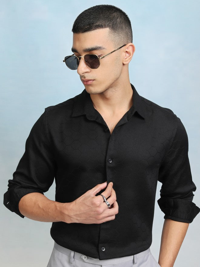 Highlader Men Black Textured Slim Fit Casual Shirt - Black - Image 7