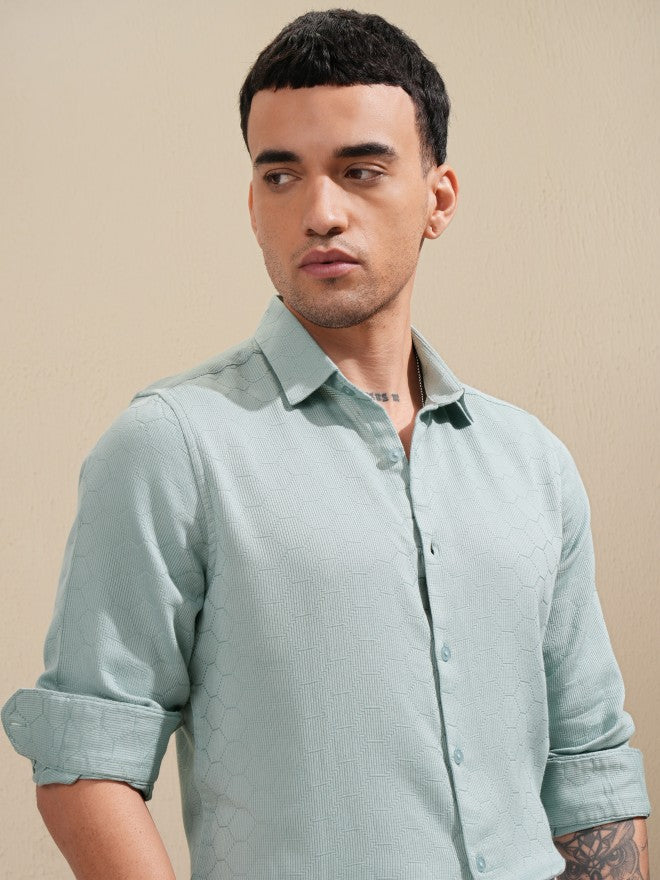 Highlader Men Teal Textured Slim Fit Casual Shirt - Teal - Image 1