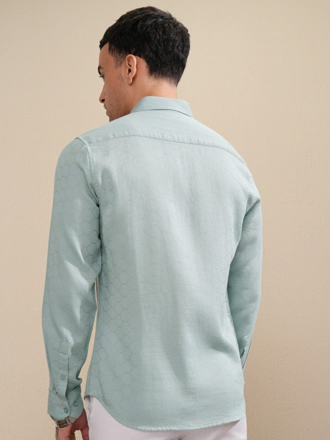 Highlader Men Teal Textured Slim Fit Casual Shirt - Teal - Image 3