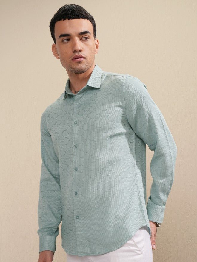 Highlader Men Teal Textured Slim Fit Casual Shirt - Teal - Image 4