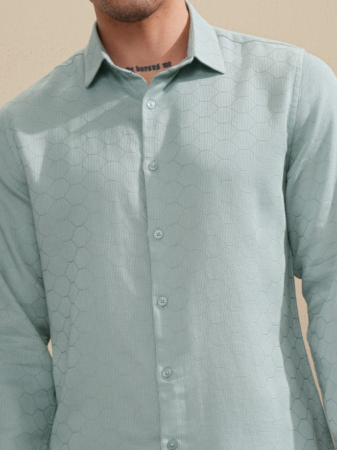 Highlader Men Teal Textured Slim Fit Casual Shirt - Teal - Image 5