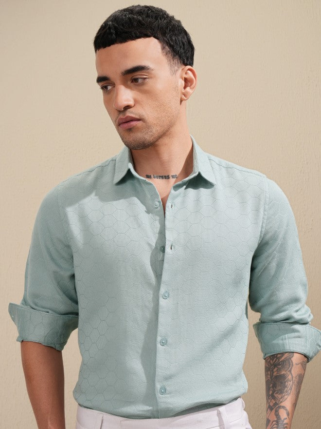 Highlader Men Teal Textured Slim Fit Casual Shirt - Teal - Image 6