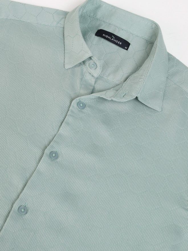Highlader Men Teal Textured Slim Fit Casual Shirt - Teal - Image 7