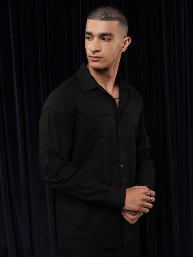 Highlander Men Black Striped Slim Fit Casual Shirt - Black - Image 6