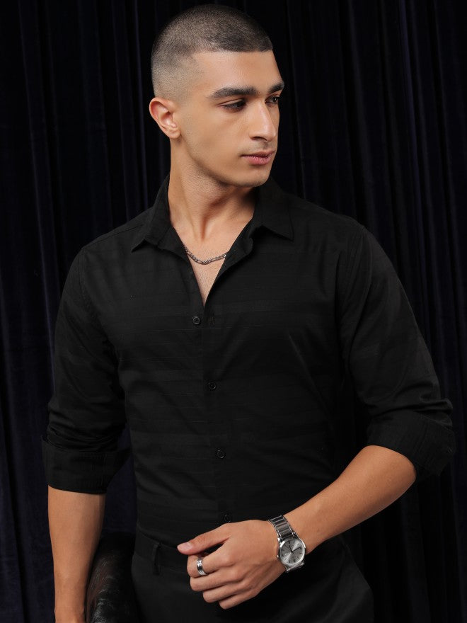 Highlander Men Black Striped Slim Fit Casual Shirt - Black - Image 7