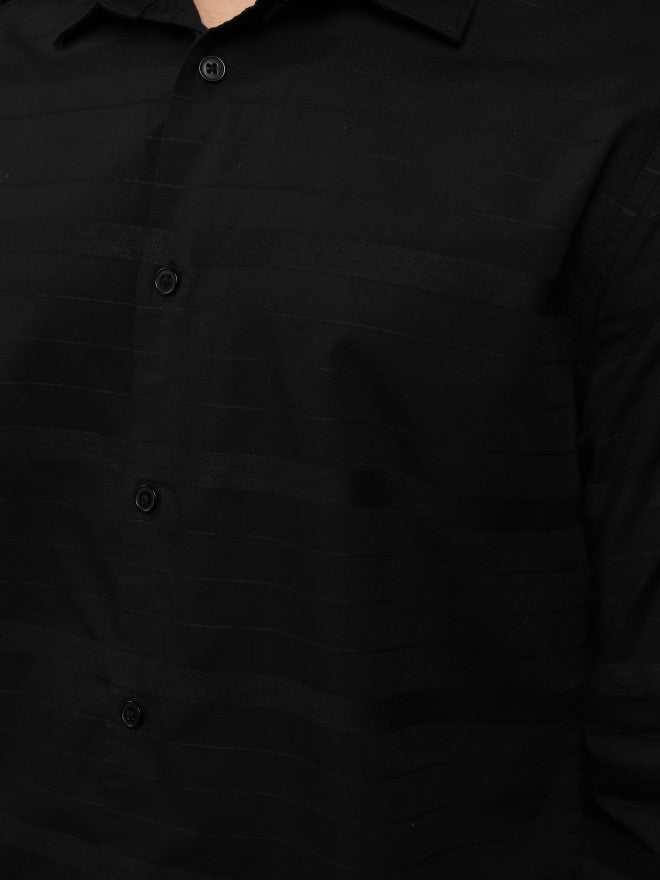 Highlander Men Black Striped Slim Fit Casual Shirt - Black - Image 8