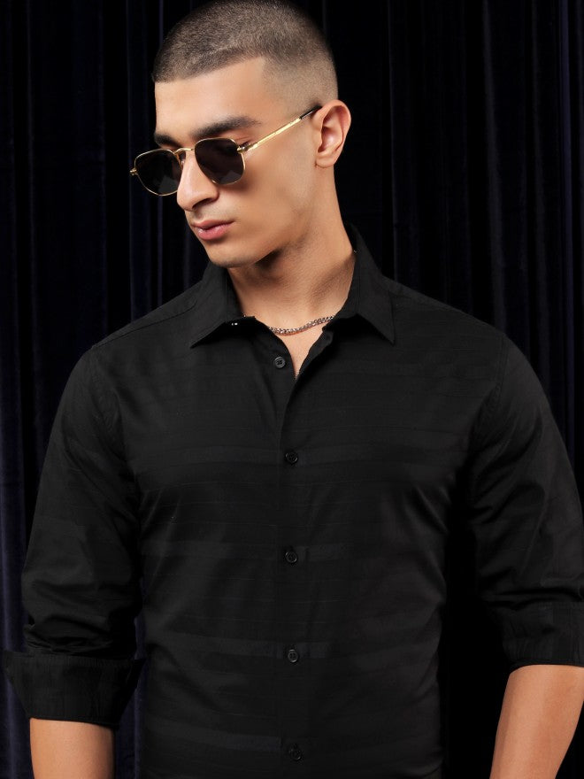 Highlander Men Black Striped Slim Fit Casual Shirt - Black - Image 1