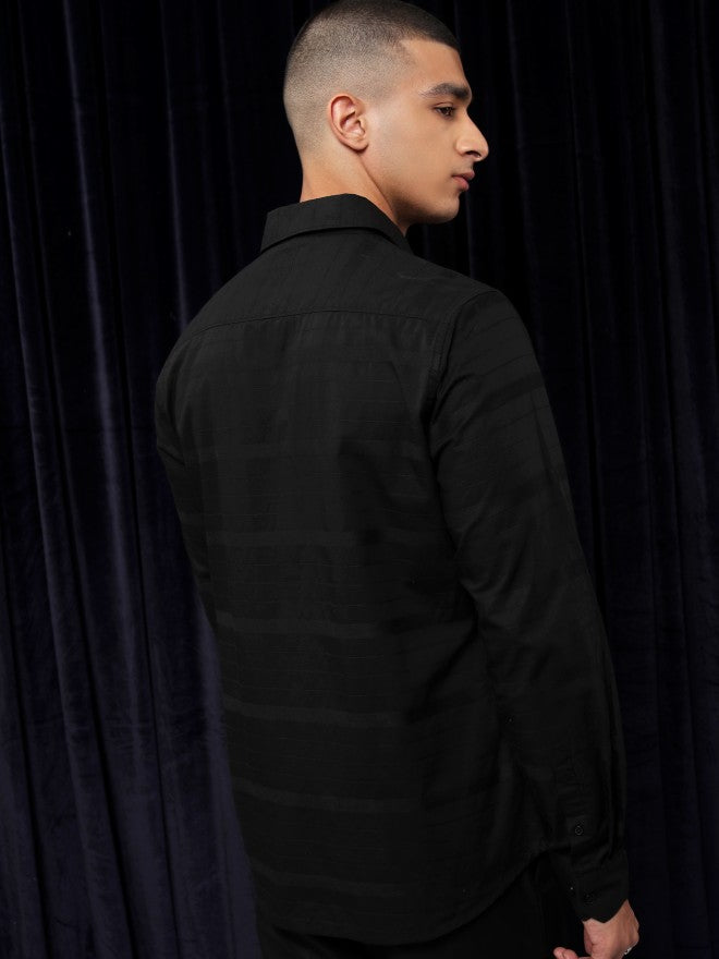 Highlander Men Black Striped Slim Fit Casual Shirt - Black - Image 3